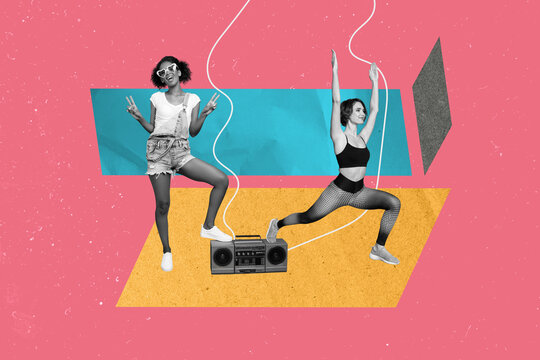 Creative collage young cheerful woman boombox audio player listener party entertainment sportive bodycare training drawing background