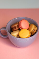 Purple cup filled with pastel macarons on pink background. Selective focus.
