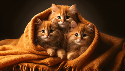 Three fluffy ginger kittens peeking out from under a soft orange blanket. Their fur is a warm, rich shade of orange - obrazy, fototapety, plakaty