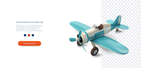 Vintage Propeller Plane Model on Transparent Background. Classic light blue biplane with propeller, ready for imaginative skies, in a realistic 3D render. Airplane 3d catroon. Vector illustration © ZinetroN