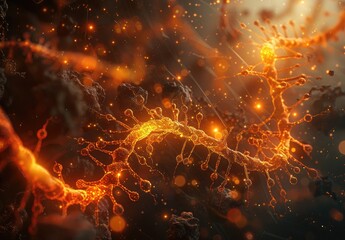 An artistic visualization of a neural network with neuron synapses firing, representing neural activity and brain function. - obrazy, fototapety, plakaty