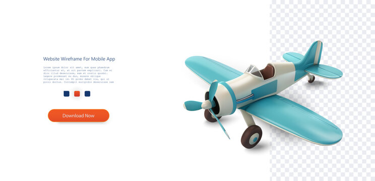 Vintage Propeller Plane Model on Transparent Background. Classic light blue biplane with propeller, ready for imaginative skies, in a realistic 3D render. Airplane 3d catroon. Vector illustration