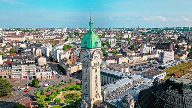 Aerial view of the main railway station tour clock in Limoges. Train station. Public transport station with city view in France.
