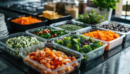 Fototapeta premium Calorie,Counted Meal Prep, Capture the process of preparing calorie-counted meals in advance, with images of ingredients being measured, chopped, and portioned into containers