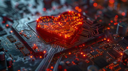 the heart-shaped electronic circuit on a motherboard, generative Ai