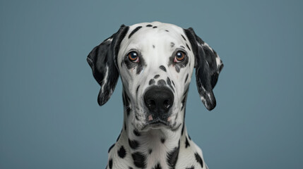 Studio portrait of a dalmatian dog with sad face, on pastel blue background