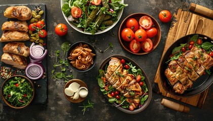 Low,Carb Lifestyle, Showcase the variety and deliciousness of low-carb meals and snacks, such as salads, grilled meats, and vegetable-based pasta alternatives - obrazy, fototapety, plakaty