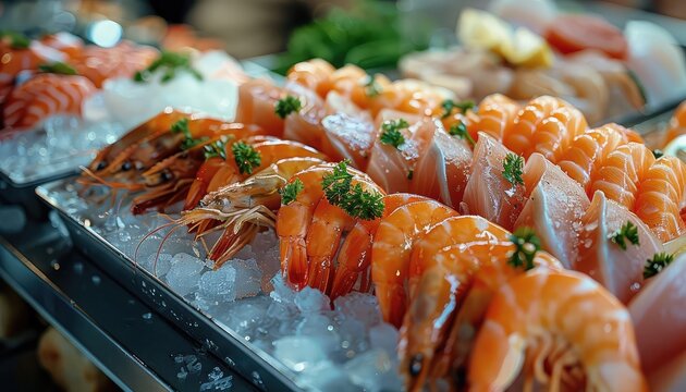 Sustainable Seafood Delights, Promote the consumption of sustainable seafood with images of dishes like grilled fish, shrimp skewers, and seafood salads made with fresh