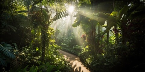 Tropical rain jungle deep forest with beab ray light shining. Nature outdoor adventure vibe scene background view - obrazy, fototapety, plakaty