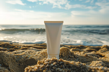 Photo of a white tube mockup for sun cream on the beach - obrazy, fototapety, plakaty