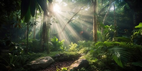 Tropical rain jungle deep forest with beab ray light shining. Nature outdoor adventure vibe scene background view - obrazy, fototapety, plakaty