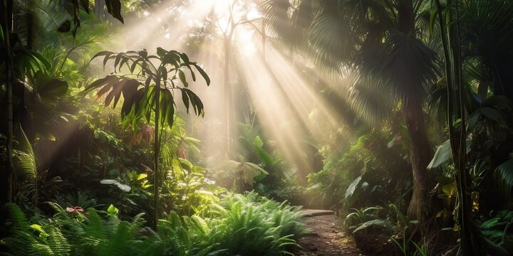 Tropical rain jungle deep forest with beab ray light shining. Nature outdoor adventure vibe scene background view