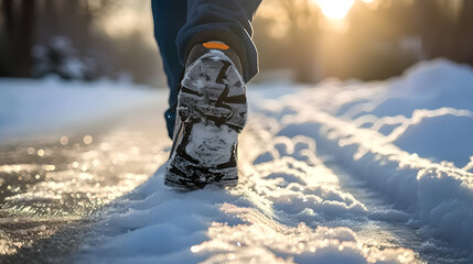 close-up of shoes soles of a person walking on a road covered in white snow and slush , lit by the winter sun ,forest blur background ,Walk in the morning, boots - Powered by Adobe