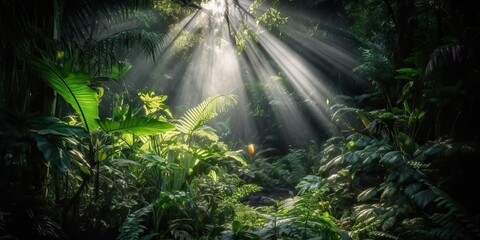 Fototapeta na wymiar Tropical rain jungle deep forest with beab ray light shining. Nature outdoor adventure vibe scene background view