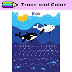 Pen tracing lines activity worksheet for children. Pencil control for kids practicing motoric skills. Whales educational printable worksheet. Vector illustration.