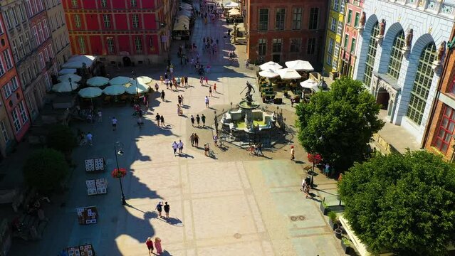 Aerial view of the Neptune Fountain in the old town of Gdansk