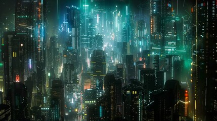 Digital artwork of a dense, futuristic city with neon lights and a night atmosphere.