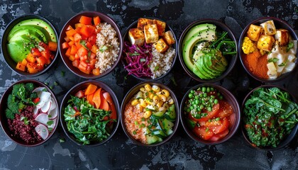 Fototapeta na wymiar Plant Powered Protein Bowls, Capture the beauty and diversity of plant-based protein bowls filled with ingredients like quinoa, tofu, roasted vegetables, and avocado