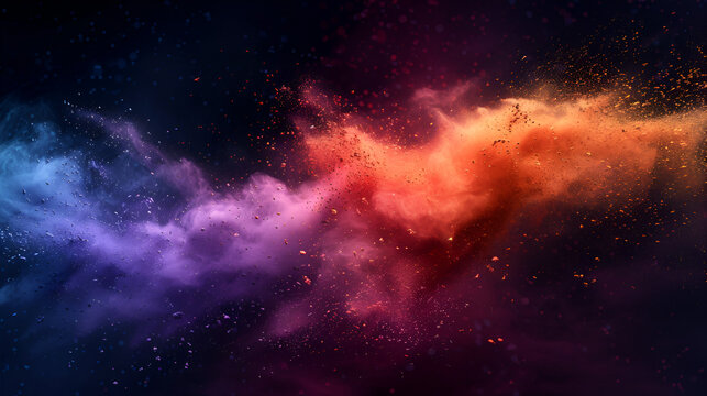 Holi paint rainbow multi-colored powder explosion on a black background, generative Ai