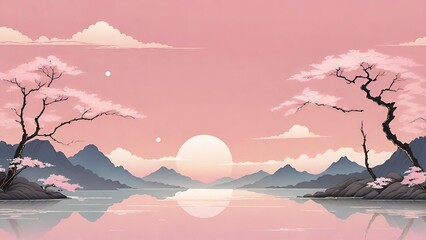 cherry blossom, sunrise over the mountains