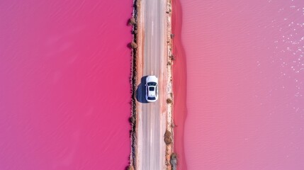 Pink salt lake landscape with the road and car driving, aerial view