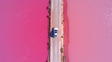 Fotobehang Pink salt lake landscape with the road and car driving, aerial view © DELstudio