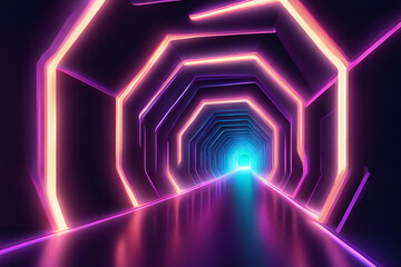 Neon 3d image of tunnel, corridor, ultraviolet abstract, octagon
