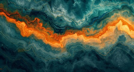 Fototapeta na wymiar Vibrant Abstract Swirls in Orange, Blue, and Green Reflecting on Water Surface in Artistic Composition