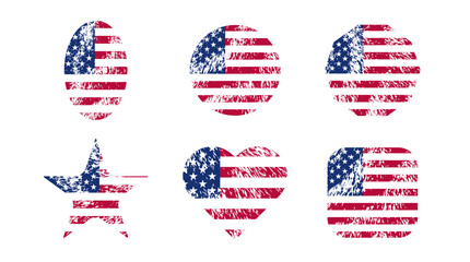 Retro grunge texture usa flag collection in round, oval, heart, rectangle shapes vector illustration. Usa freedom flag to use in 4th july independence day, memorial day projects. 