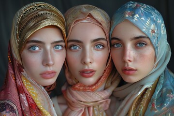 Portrait of three young girls in hijabs
