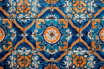 Colorful geometric tiles decorating a traditional Spanish building facade in blue, orange, and white hues