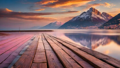 Hues of Tranquility: Painted Planks Leading to Serene Landscapes - obrazy, fototapety, plakaty