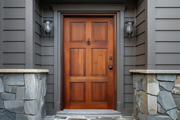 Six Panel Wooden Front Door in a House With Vinyl Siding