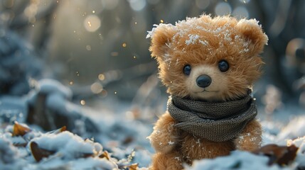 teddy bear in snow - obrazy, fototapety, plakaty