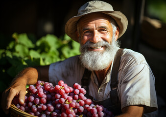 Happy old  white bearded man farmer holds basket with red grapes and smiling.