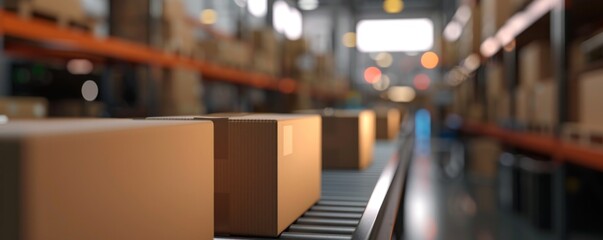 Cardboard box on conveyor belt in in boxes factory. - obrazy, fototapety, plakaty