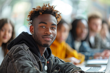 Portrait of black male student posing over diverse group of students gathered around a table, using...