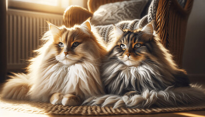 Two majestic long-haired cats with fluffy fur, nestled together and basking in a patch of sunlight