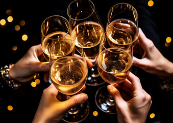 People toasting with champagne or wine glasses against black background with golden bokeh effect.