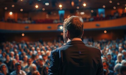 Speaker facing audience in a conference hall - obrazy, fototapety, plakaty