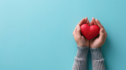 Young women hands holding red heart, on pastel blue background