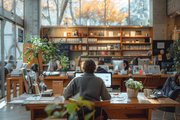 Rear view of young man using online platform for e-learning in public library or study hall, looking at the screen of computer and doing tasks online