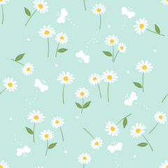 Seamless pattern with daisy flower field, green leaves and butterflies on green background vector.