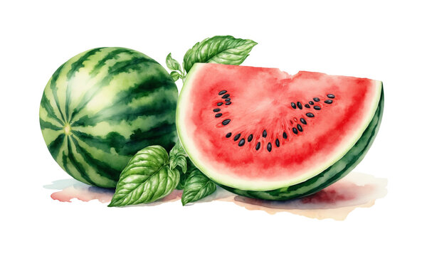 Watercolor illustration of a fresh watermelon and leaves on transparent background. Summer fruits. Botanical image perfect for design, cards, poster, textile, menu.
