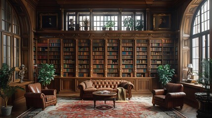 Bookshelf with doors in a private library, classic elegance - obrazy, fototapety, plakaty