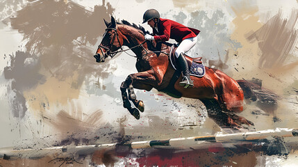 Jumping Equestrian Sports Horse, generative Ai - obrazy, fototapety, plakaty