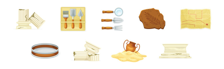 Archaeological Instrument and Inventory for Exploration Vector Set - obrazy, fototapety, plakaty