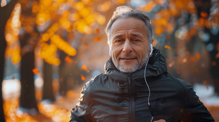 Portrait of a senior man in fitness wear running in a park. Close up of a smiling man running while listening to music using earphones