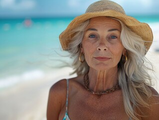 Older woman in a swimsuit, confidence defying age on the beach