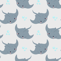Seamless pattern with electric stingray and bubbles, for children. For textile design, wallpaper, wrapping paper, scrubbing, children's parties. Vector illustration of flat. - obrazy, fototapety, plakaty